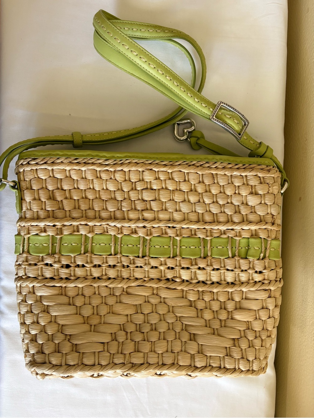 Brighton Straw Shoulder Bag with Lime Green Leather Trim - Picture 3 of 6